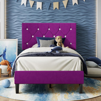 Twin Size Bed Set Upholstered Platform With Adjustable Diamond Tufted Headboard