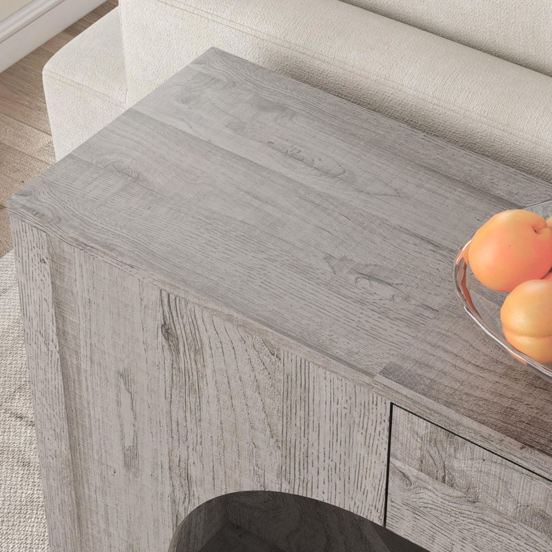 Console 63 po à grain de bois gris moderne avec tiroir de rangement