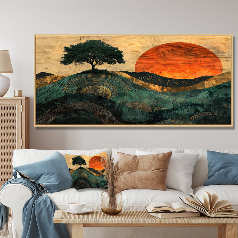 Baobab de Cardiff Sunrise avec racines d'Afrique II - arbre, art mural, H 28 po x l 60 po, Cadre flottant, Blanc
