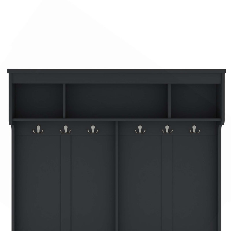 Arbre d'entrée multifonctionnel avec compartiments de rangement, espace pour chaussures, banc et crochets en métal pour l'organisation du vestibule