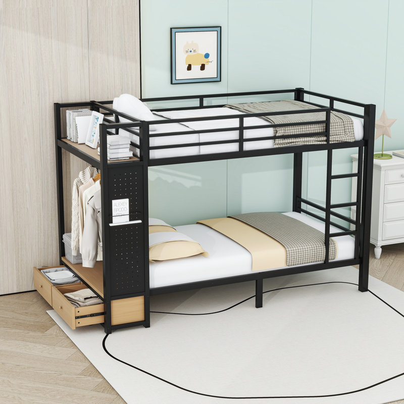 Lit superposé simple en métal avec tablettes, panneau perforé et barre de suspension à 2 tiroirs