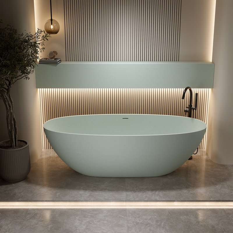 Freestanding Oval Soaking Bathtub 71", Solid Surface Stone Resin Matte White Modern W/overflow & Pop-up Drain