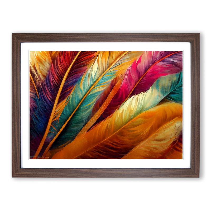 Colourful Bird Feathers Vol.3 - Single Picture Frame Print, 46cm H x 64cm W x 2cm D, Walnut