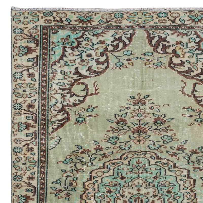 Tapis turc moderne fait à la main de 5,8 x 9,2 pi avec tapis vert en laine moderne