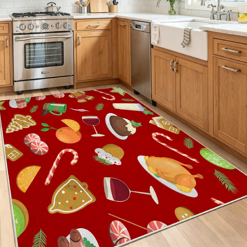 Tapis d'intérieur rouge à motif d'aliments de Noël lavables à la machine, Rectangle 39 po x 63 po