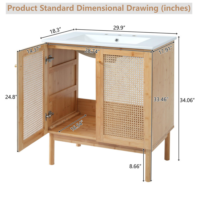 Meuble-lavabo 30 po avec portes en rotin faites à la main et fermeture en douceur