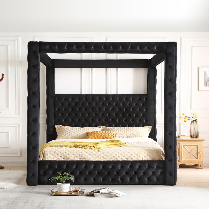 Lit à baldaquin rembourré en velours avec haut-parleur et connexion USB Megghan, Noir, Très grand