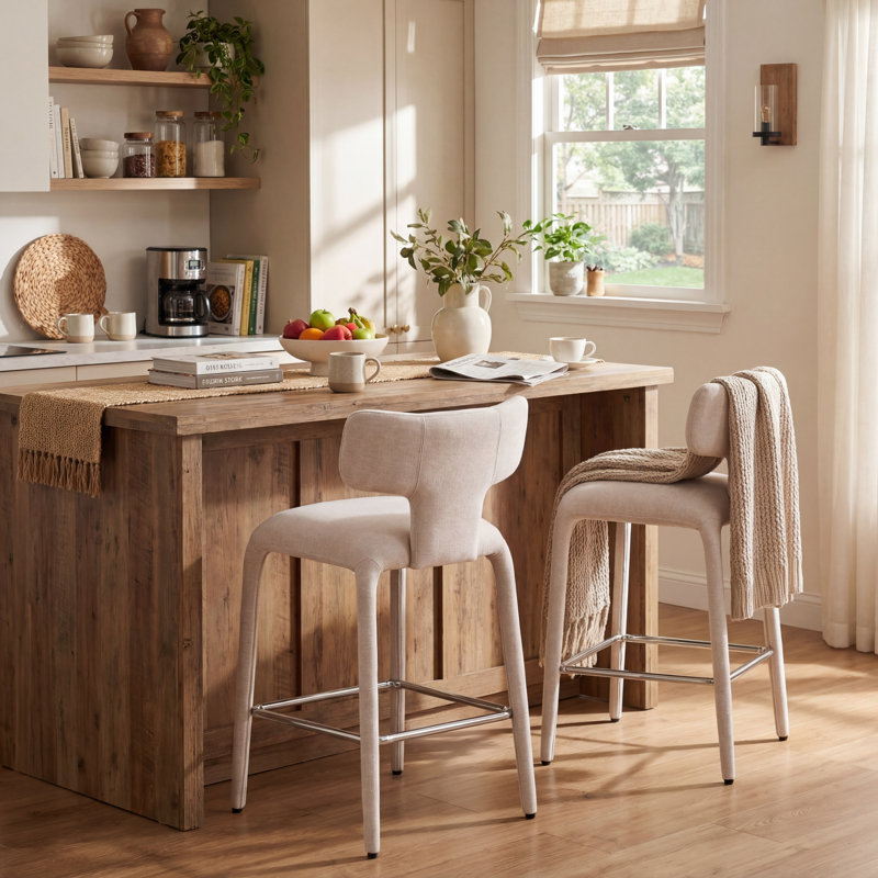 Modern Upholstered Counter Bar Stools with Back Kitchen Island Stools, Beige Fabric Bar Stools for Breakfast Nook, Industrial Chic Metal Legs