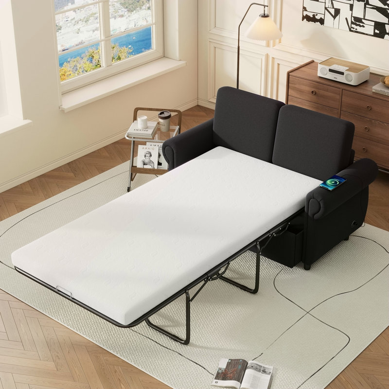 57.9" Orisfur Pull Out Sofa Bed  Loveseat Sleeper With Twin Size Memory Mattress With Two USB Ports For Living Room Spaces