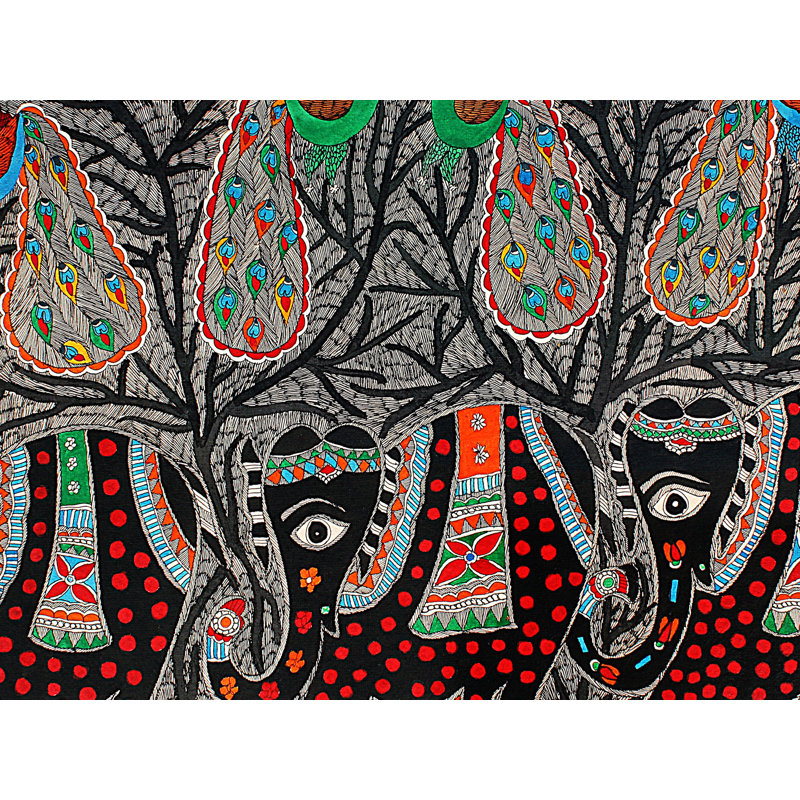 Éléphants et paons à Forrest | Madhubani Peinture