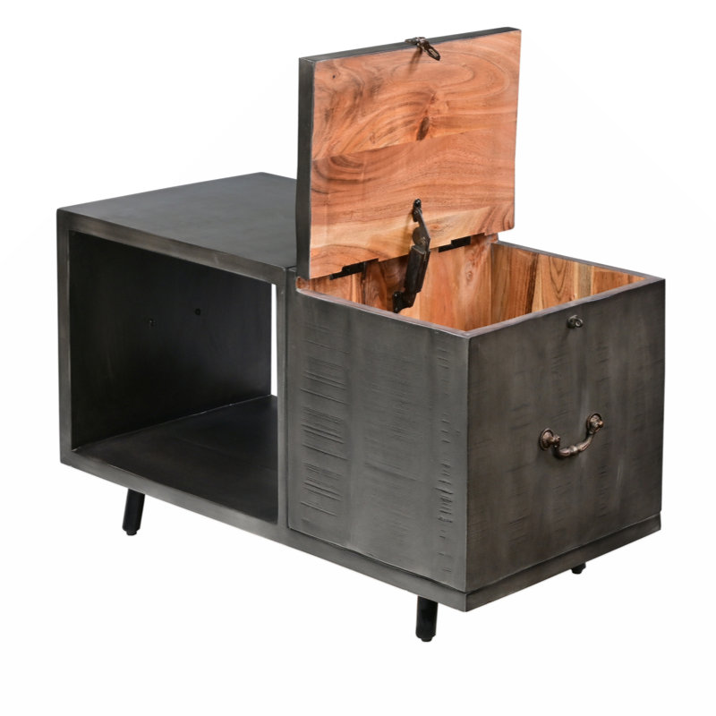 Table basse artisanale de 30 pouces avec plateau relevable Ã  charniÃ¨res, Ã©tagÃ¨re ouverte et pieds en mÃ©tal, gris anthracite