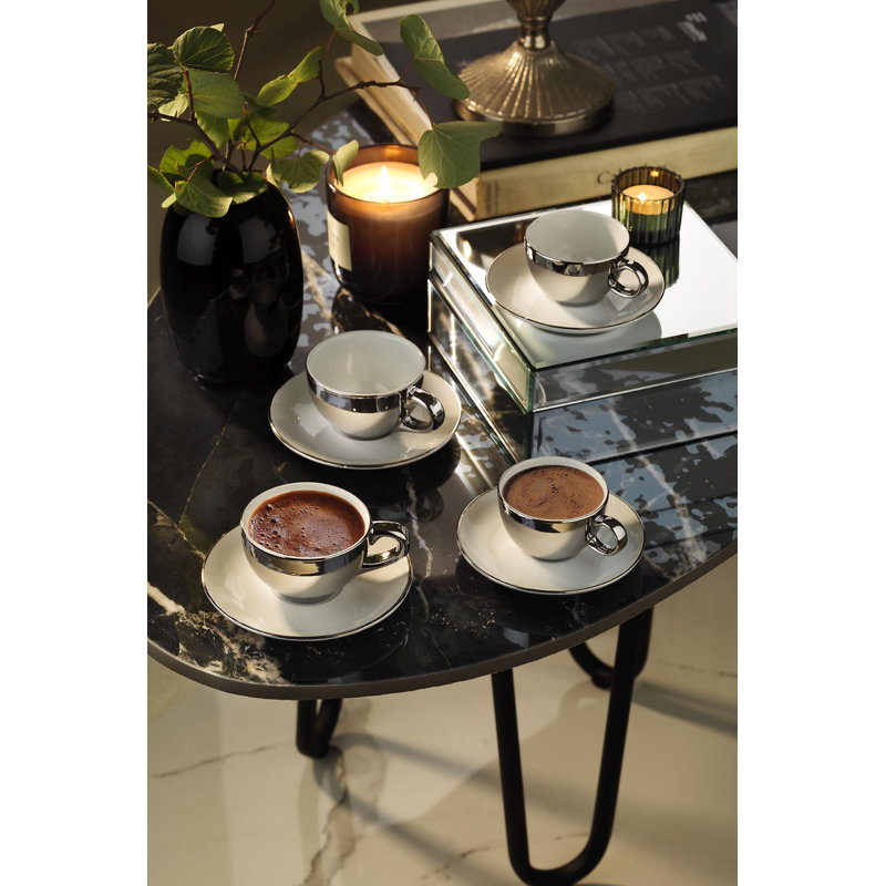 Ensemble de tasses à café élégantes (4 pièces), 100% porcelaine, tasses: 2,8 x 2,8 x 1,8 pouces (7 oz) | Soucoupes: 4,7 po x 4,7 po x 0,8 po | Parfait pour la maison ou le bureau, design élégant, ne va pas au lave-vaisselle ni au micro-ondes