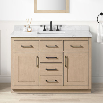 Athea 48 in. Single Sink Freestanding Sahara Birch Bathroom Vanity with White Engineered Marble Top, Matte Black Hardware