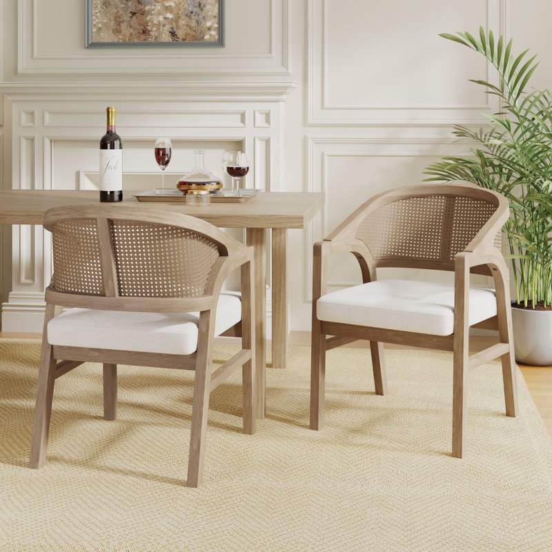 Stanley Wooden Dining Chairs with Cane Back & Upholstered Seat, Light Ash, White