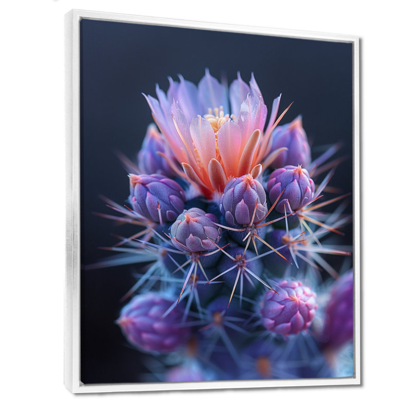 Cactus rose et mauve, Toile encadrée flottée blanche, H 32 po x l 16 po x P 1 po