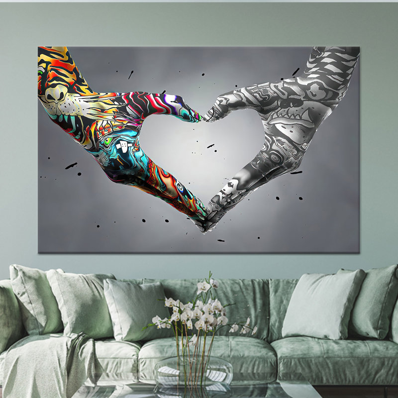 Impression sur toile «Love Hand Graffiti»: décor de style Banksy, toiles encadrées dorées 1P, 59,1 po H x 82,7 po l