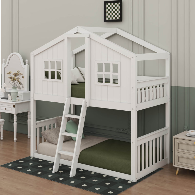 Twin Over Twin House Bunk Bed With Ladder, White