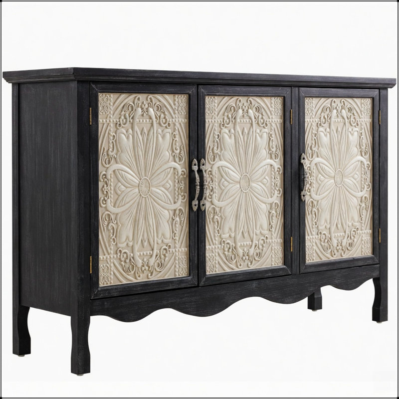 Buffet de ferme noir à 3 portes de 49,2 pouces de largeur avec rangement, combinant charme rustique et fonctionnalité moderne pour toute maison