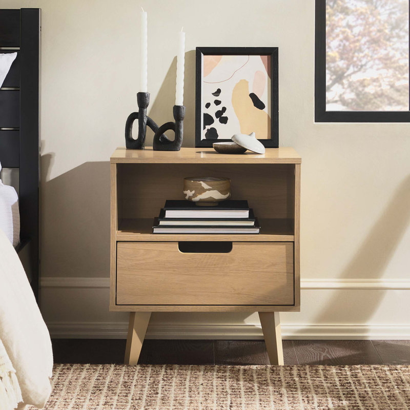 Riviera Mid-Century Modern 1-Drawer Nightstand with Open Cubby