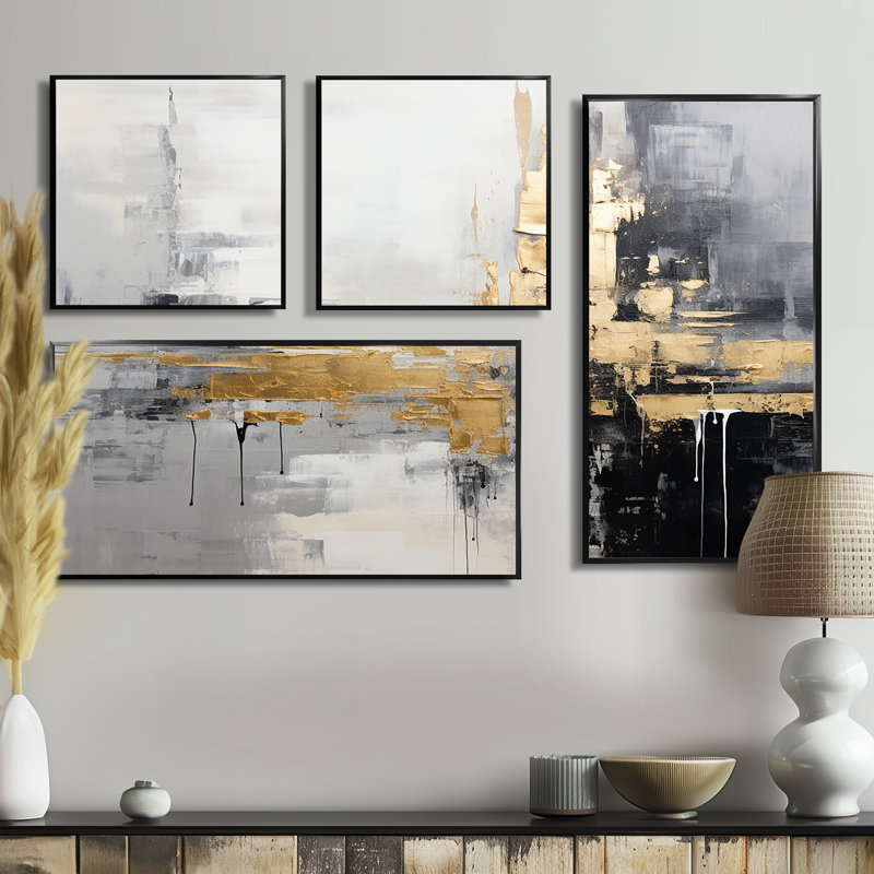 Grandes impressions abstraites sur toile, 4 pièces, Noir, Impression encadrée sans passe-partout