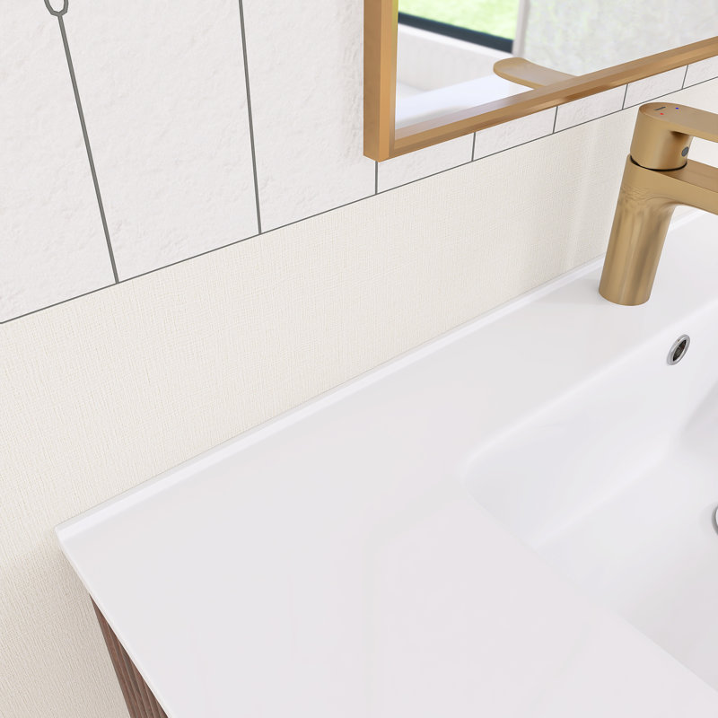 35,75 po X P 18,31 po P 20,4 po Meuble-lavabo mural simple H en noyer foncé avec plateau en céramique blanche
