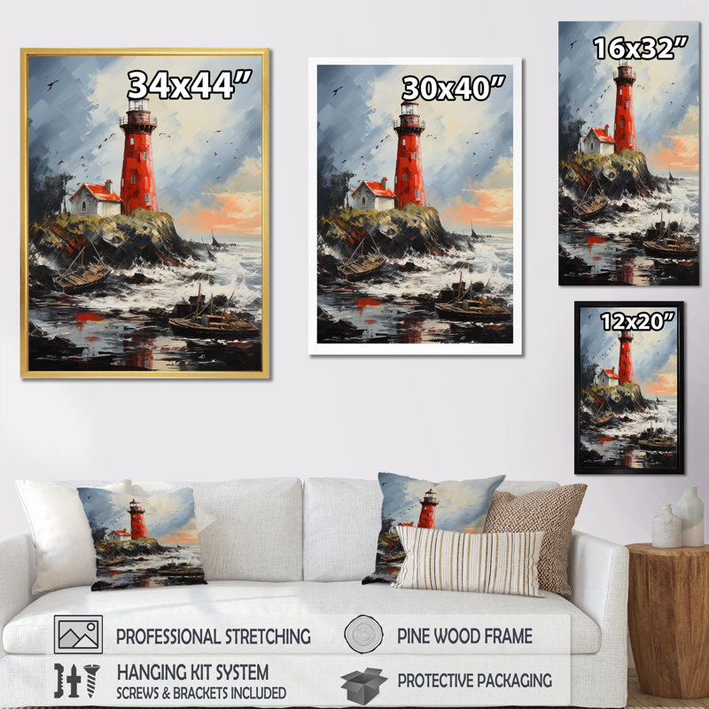 Impression sur toile «Red Beach Lighthouse Guiding - Cityscapes», Cadre naturel flottant, H 32 po x l 16 po x P 1 po