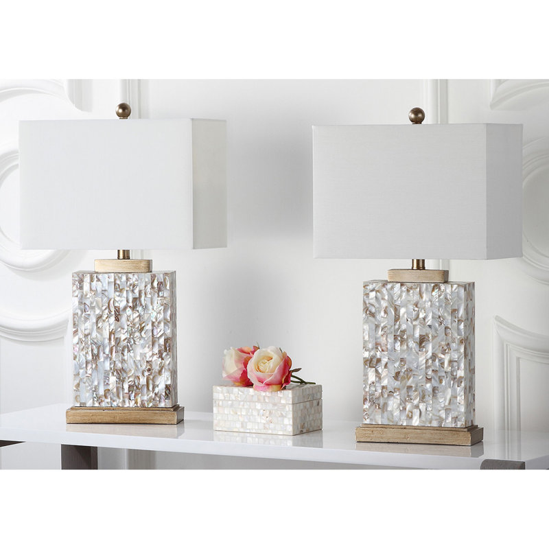Ivory Shell Table Lamp Set with White Rectangular Shade