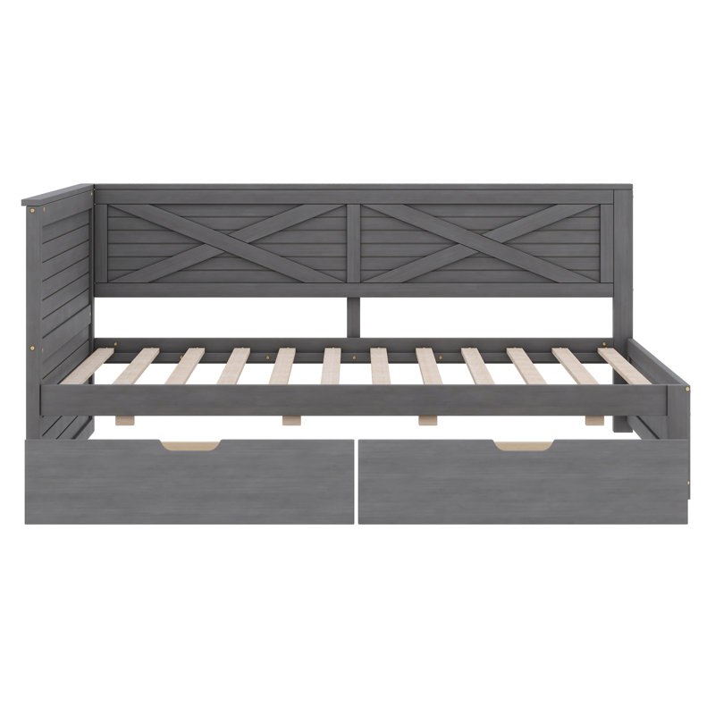  Lit de jour simple en bois Danaeja avec 2 tiroirs et garde-corps rustique, Gris ancien