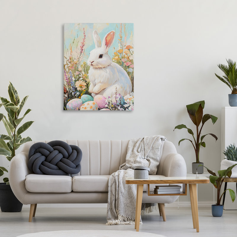Lapin de Pâques blanc sur toile Wildflowers, design par The Prints Vibe, 40 x 30