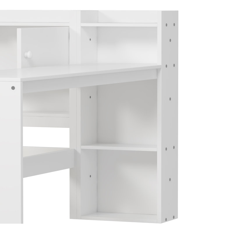 Lit de jour en L en bois avec 7 armoires de rangement et 2 tiroirs, bureau et bibliothèque intégrés, blanc