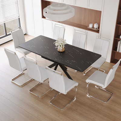 Ensemble de table de salle à manger extensible pour 6 à 8 personnes avec chaises en forme de C sans accoudoirs rembourrées pour les réunions de famille et les invités