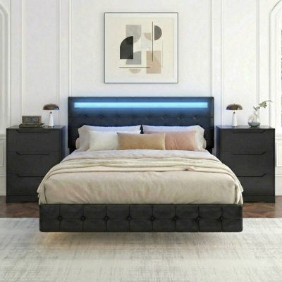 3-Piece Bedroom Sets, Floating Bed Frame with LED Headboard and 2 3-Drawer Nightstand Set