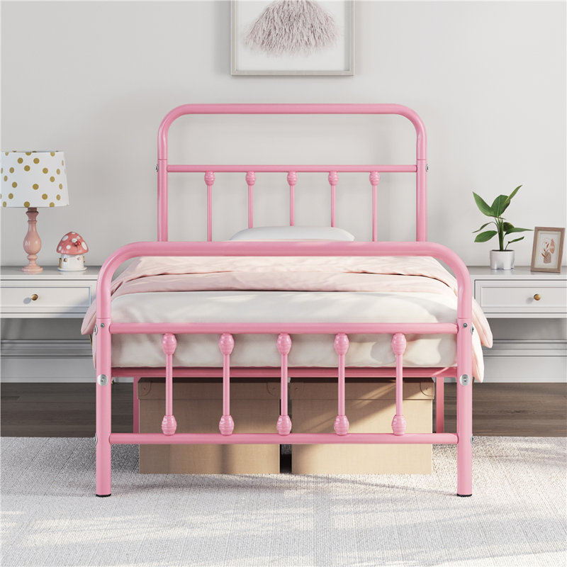 Lit plateforme classique en fer avec tête et pied de lit hauts, Simple, Rose