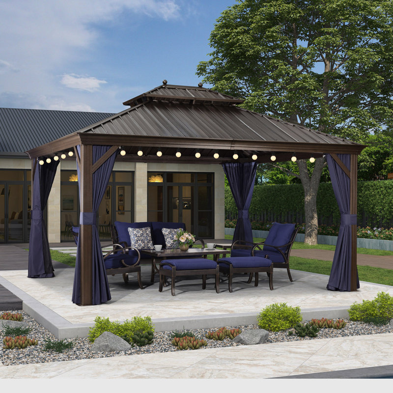 14 Ft. W x 12 Ft. D Aluminium Patio Gazebo with 48 Ft String Lights