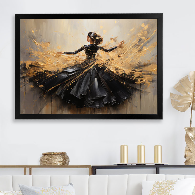 Gold and Black Dance Splash II - Danse, reproduction d'art encadrée, Cadre noir, H 32 po x l 24 po x P 1 po