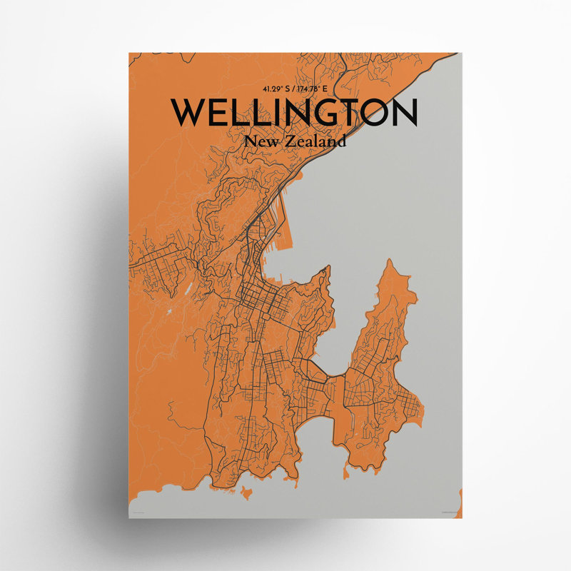 Wellington, carte de la ville, impression, H 27,6 po x l 19,7 po, Orange / gris