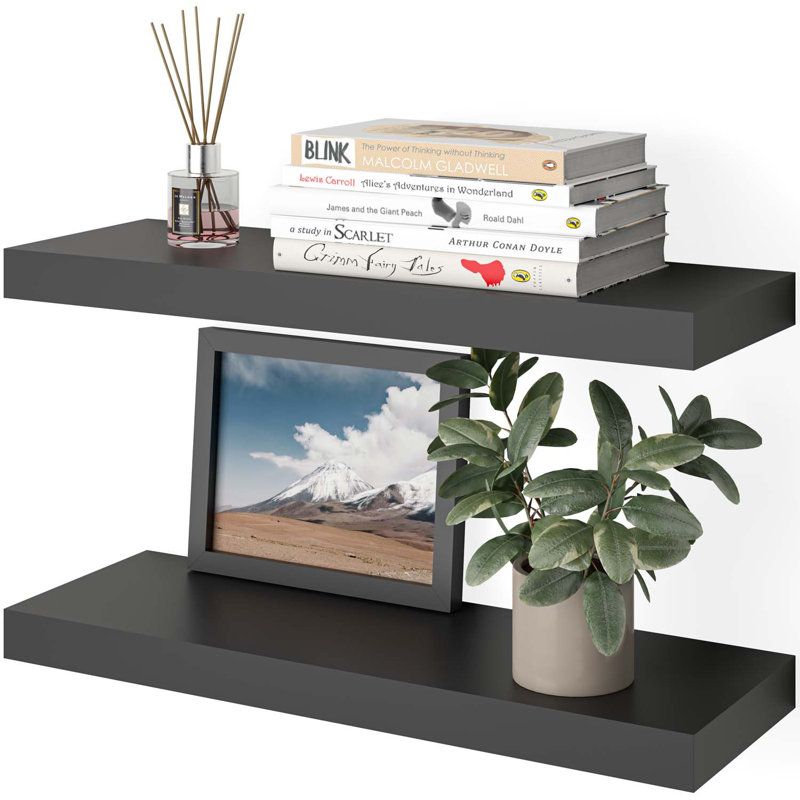Black Wood Floating Wall Shelves Set with Invisible Brackets