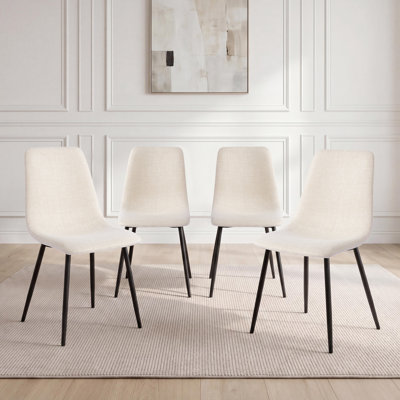 Set Of 4 Modern Upholstered Dining Chairs With Linen Cushion & Black Metal Legs