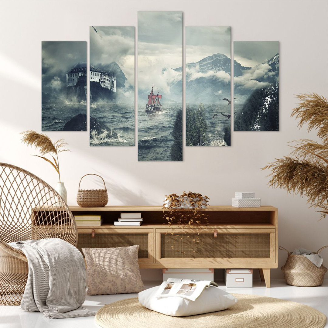 5-tlg. Leinwandbilder-Set Storm Mountains Sailing Ship