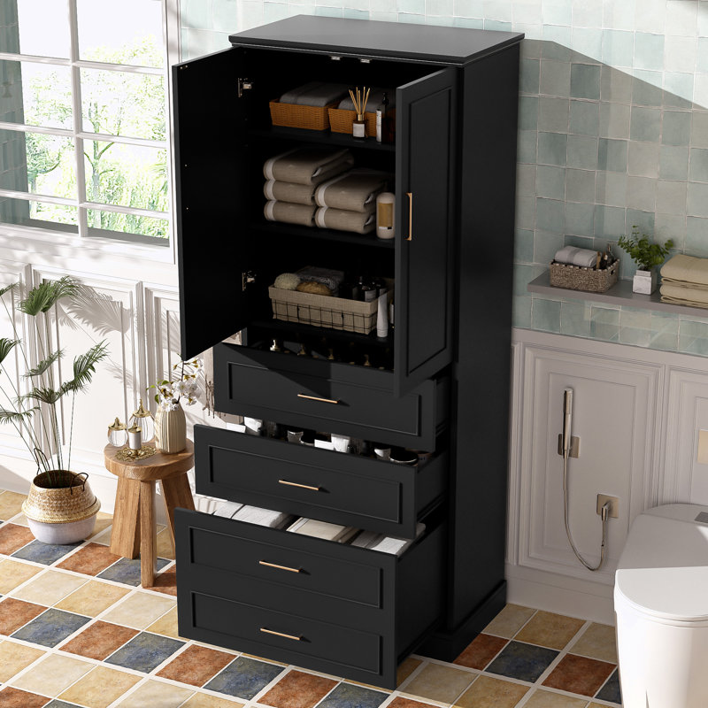 Freestanding Bathroom Cabinet with Drawers, Adjustable Shelf,  Soft-Close Doors, Black