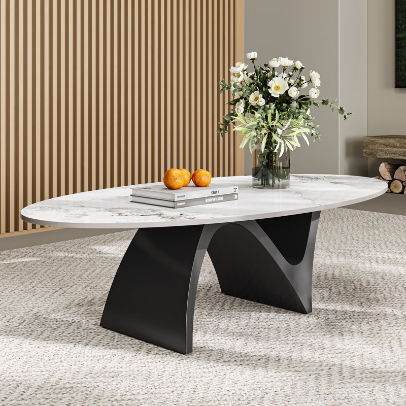 51.2'' Oval Coffee Table, White Sintered Stone Coffee Table with Carbon Steel Leg