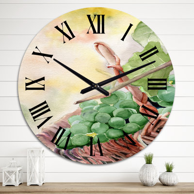 Grappe de raisin vert dans un panier - Horloge murale de ferme
