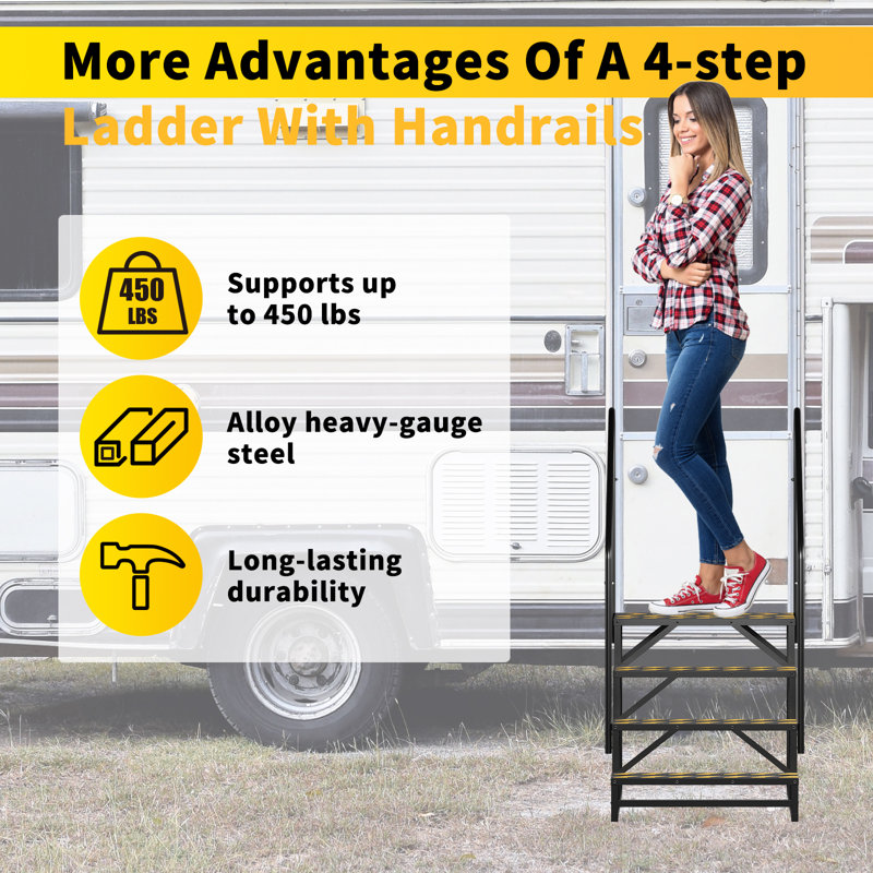 4 Steps Rv Steps With 2 Handrails, Non-slip Hot Tub Steps, Mobile Home Stairs With Non-skid Tapes, Outdoor Steps For Spa Pool, Camper, Travel Trailers, Porch