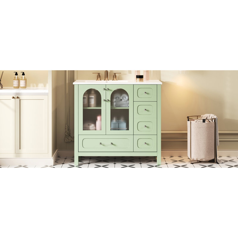 Meuble-lavabo de 36 po avec portes à texture gaufrée, quatre tiroirs, double espace de rangement, finition turquoise, organisation intelligente, armoire de salle de bain coulissante lisse avec texture, deux tiroirs