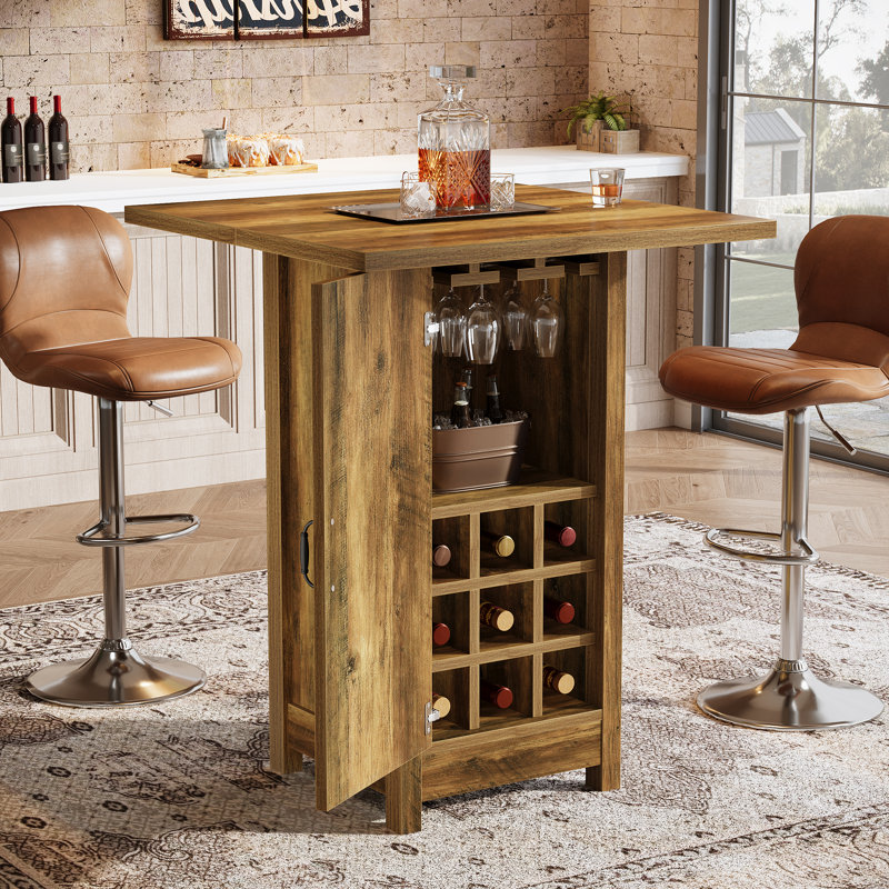 Table de bar carrée 31,5 "avec armoire de rangement et fentes à vin amovibles, brun rustique