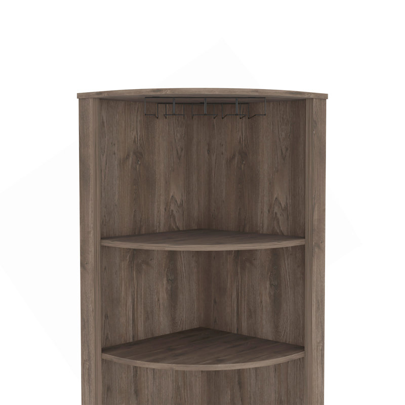 Armoire de coin Essential, trois tablettes, huit porte-bouteilles encastrés, deux tablettes latérales brun foncé