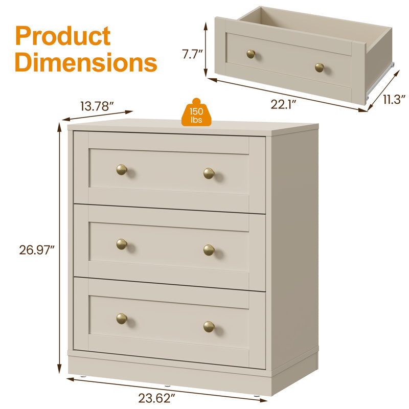 23.62 " W 3 - Drawer Dresser, Beige