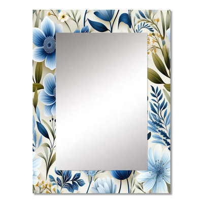 Charquita White And Blue Ranunculus Fauna Pattern - Floral Decorative Wall Mirror, Cottage Mirror, Printed Metal Art