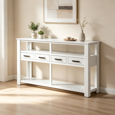 Table console avec tiroirs et tablettes ouvertes