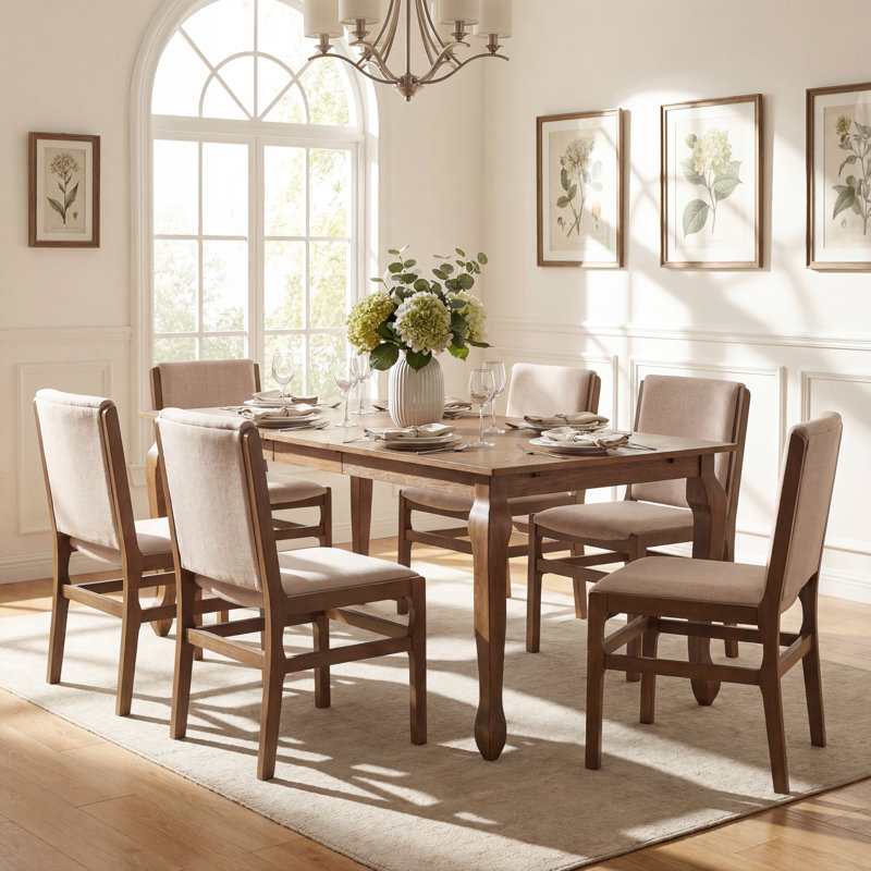 Alagie 7-Piece Expandable Rubberwood Dining Table Set With Upholstered Chairs